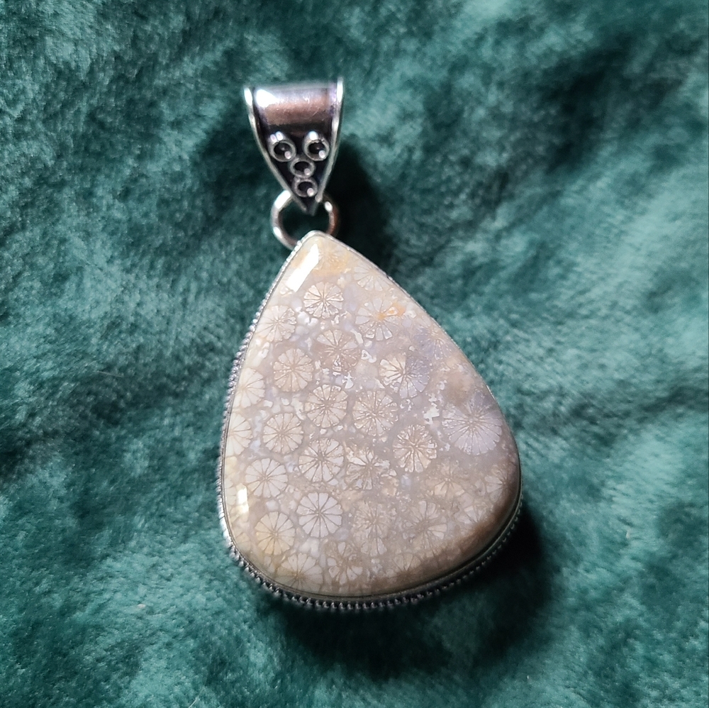 Fossil coral silver gemstone necklace